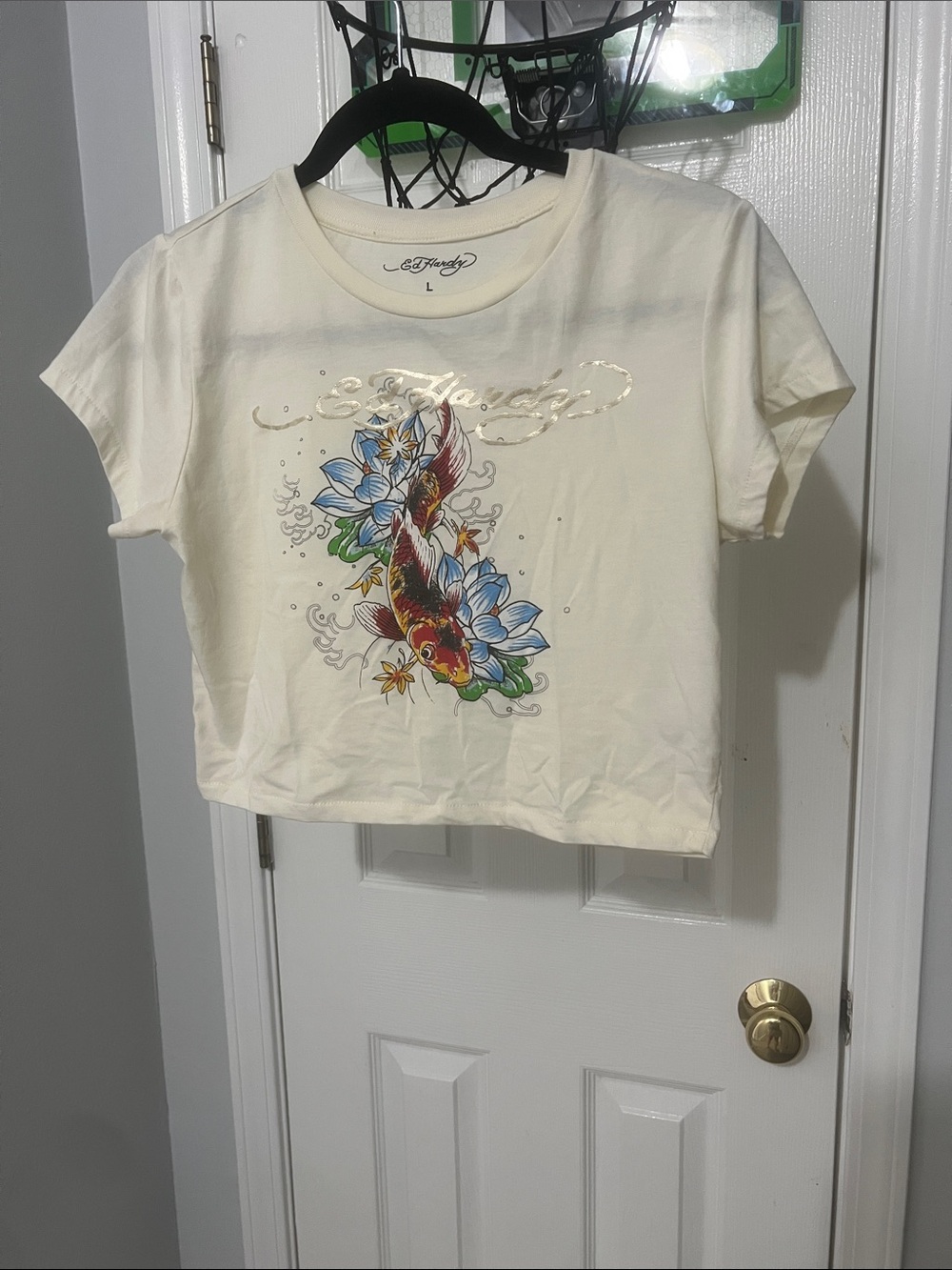 Ed Hardy Cream Koi Graphic Crop Tee